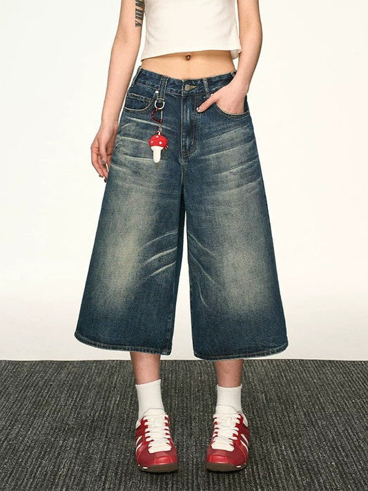 Vintage Washed Denim Wide-Leg Cropped Pants Drip Depot
