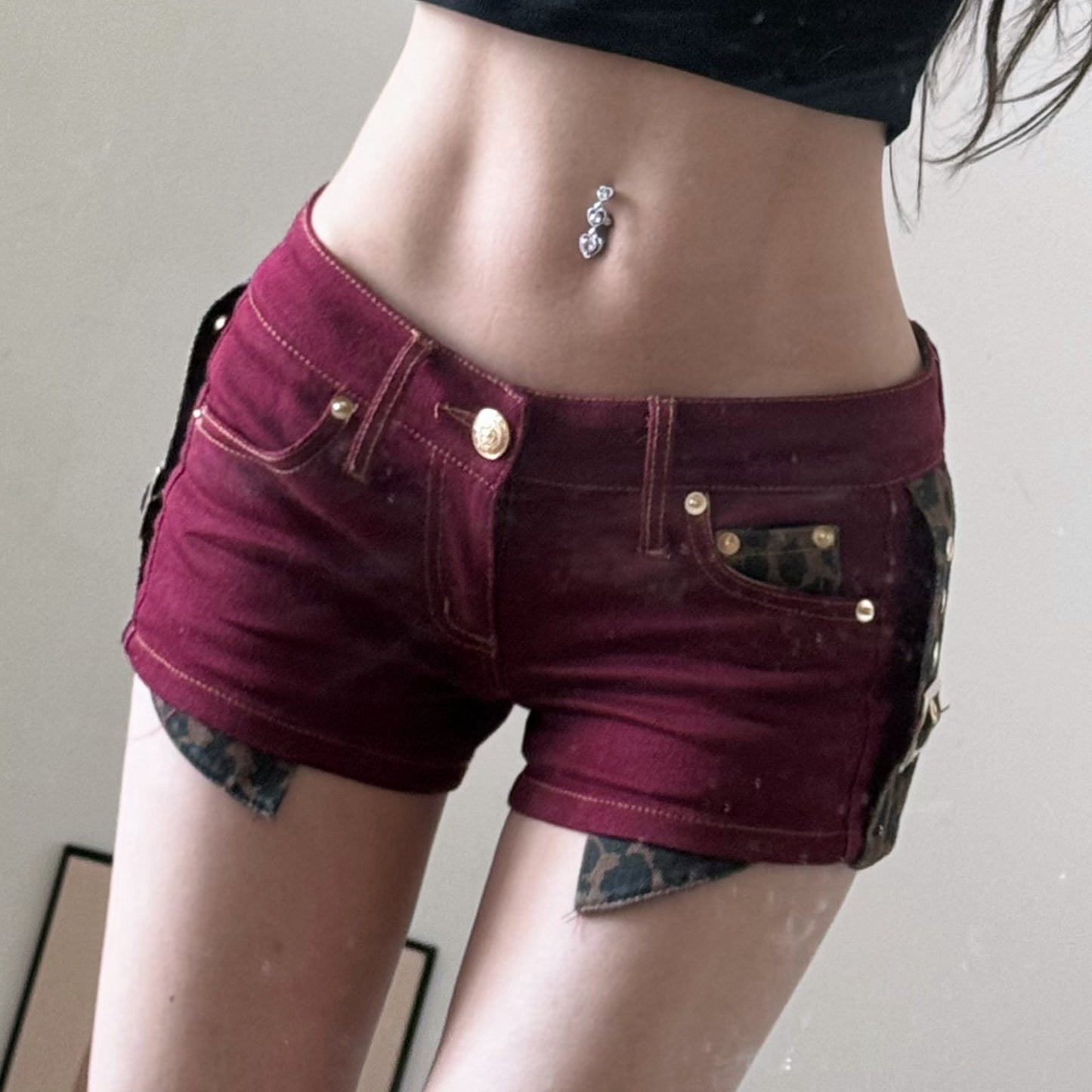 Low Waist Denim Shorts with Leopard Print