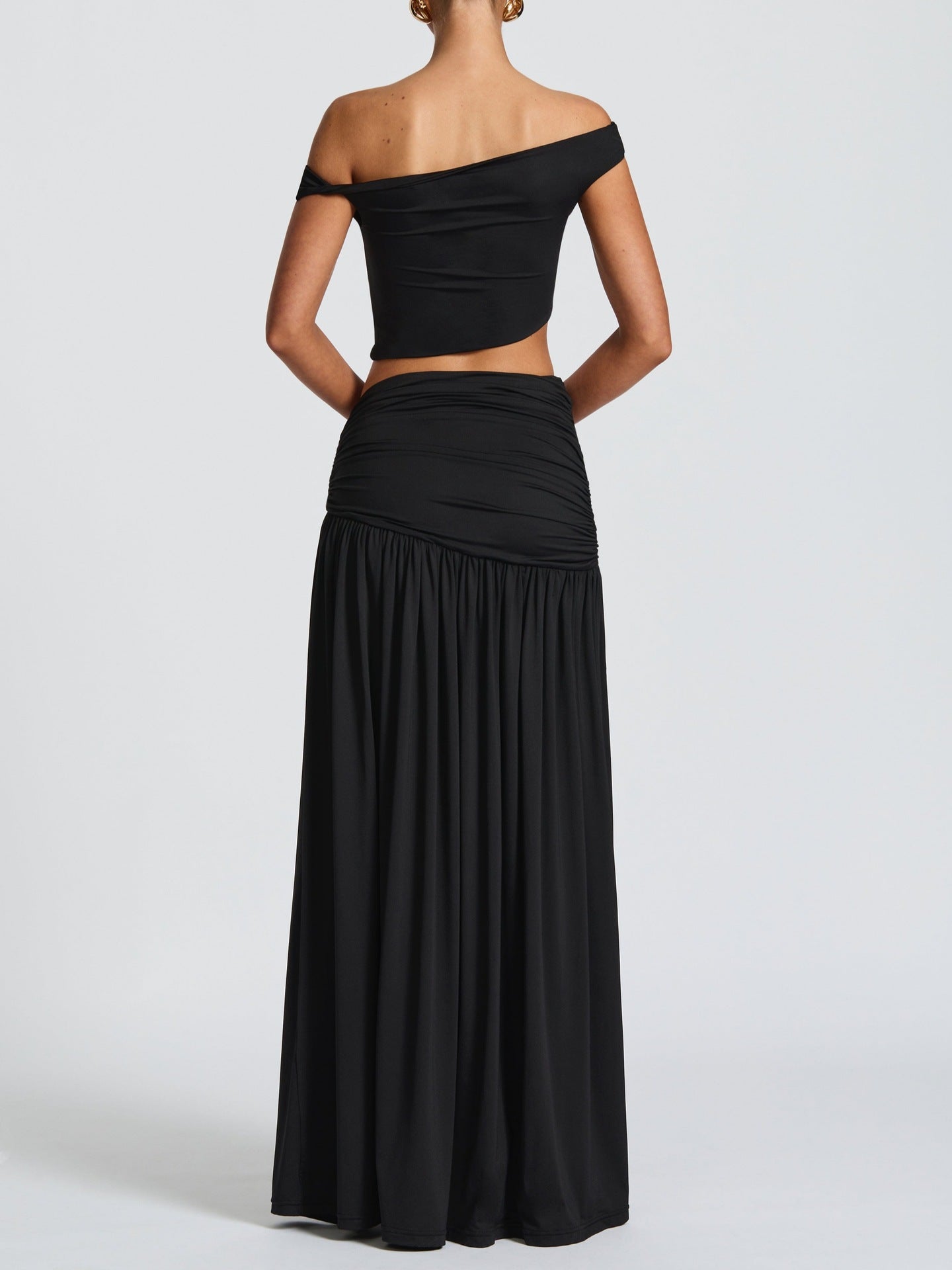 Sexy One-Shoulder Crop Top and Ruched Skirt Set
