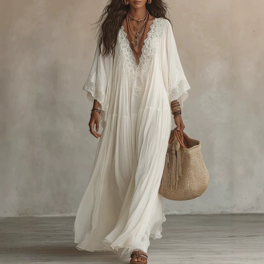 Lace Patchwork V-Neck Long Dress