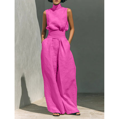 Cotton and Linen Sleeveless Long Pants Casual Set for Women