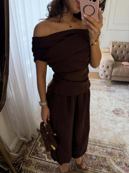 Womens Off-Shoulder Top and Lantern Pants Set Drip Depot