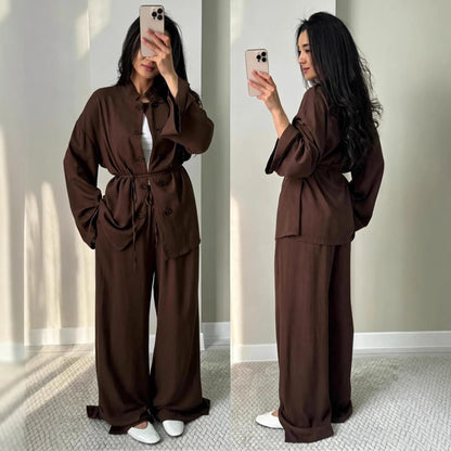 Retro Slim-Fit Long Sleeve Lapel Wide-Leg Pants Set