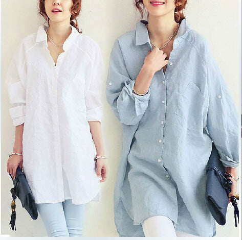 Shirt Loose Plus Size Long Cotton Linen Textured Dress Shirt Style
