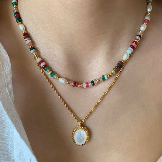 Natural Pearl Rainbow Stone Layered Necklace