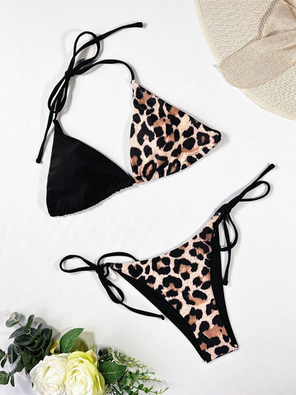 Leopard Print Backless Strap Bikini Set
