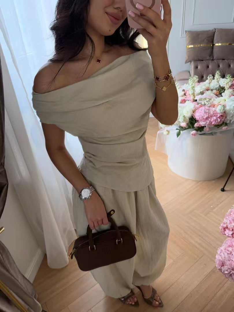 Womens Off-Shoulder Top and Lantern Pants Set Drip Depot