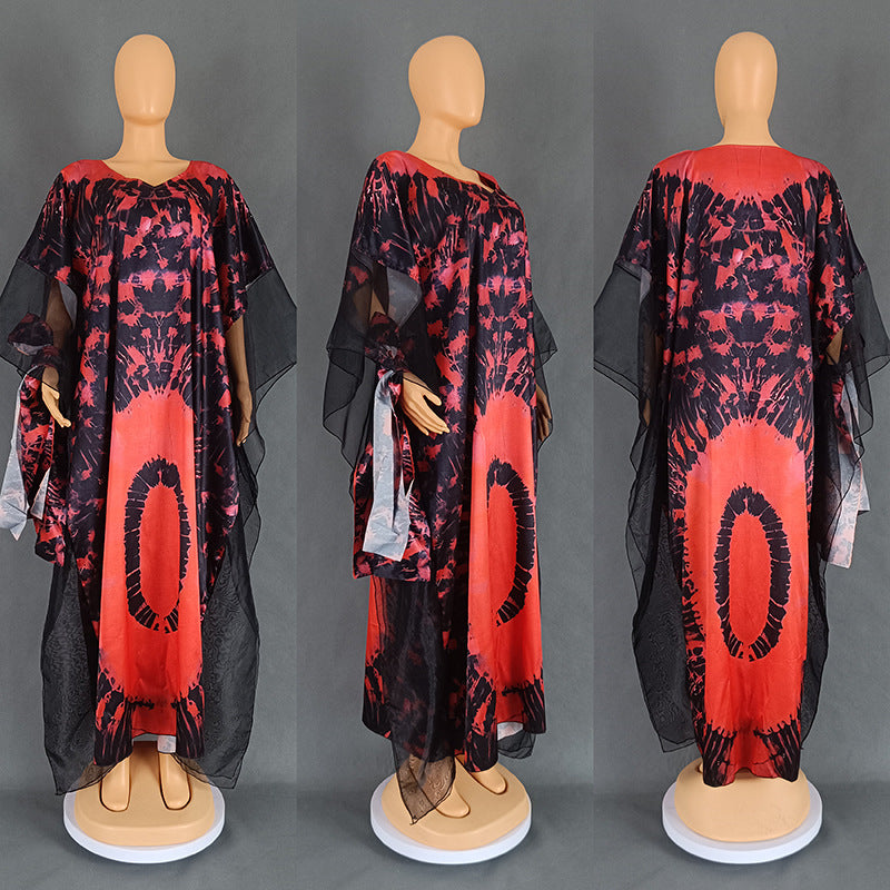 African Ethnic Print Mesh Long Dress with Headscarf