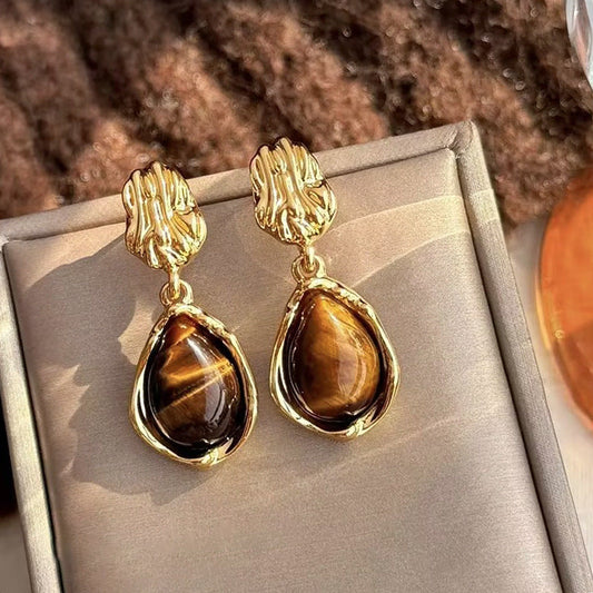 Geometric Tiger Eye Stone Drop Earrings Drip Depot