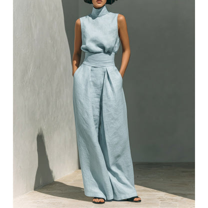 Cotton and Linen Sleeveless Long Pants Casual Set for Women