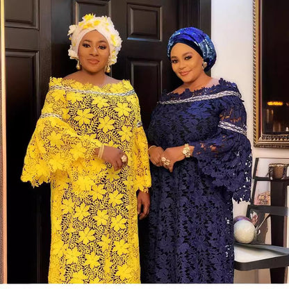 African Lace Loose Plus Size Gown Dress Trumpet Sleeve Fashion Dress with Turban