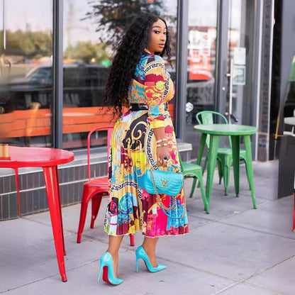 African print long dress in large size with a bow-shaped collar and three-quarter sleeves
