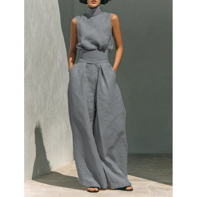 Cotton and Linen Sleeveless Long Pants Casual Set for Women