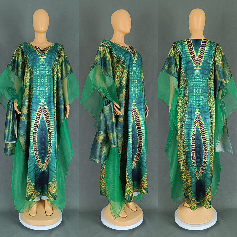 African Ethnic Print Mesh Long Dress with Headscarf