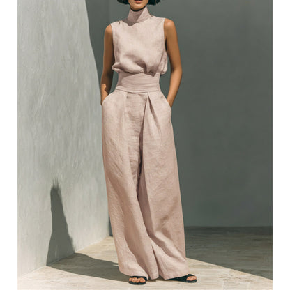 Cotton and Linen Sleeveless Long Pants Casual Set for Women